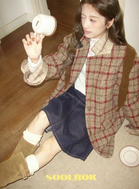 soolrok 松未韵一 复古红色格纹拼接羊毛呢大衣小众西装外套上衣