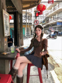 soolrok 氛围感一字肩显瘦上衣格纹百褶裙 look套装 松未韵一 美式