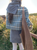牛角扣格纹双面呢外套女小众包臀裙套装 soolrok 松未韵一 带围巾