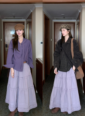 soolrok 松未韵一 朗柏紫雾 秋冬重工木耳边塔克线A字半裙烟紫色