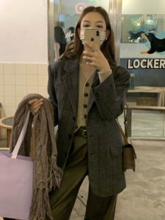 soolrok 松未韵一 江原道傍晚 复古格纹夹棉羊毛西装外套别致上衣