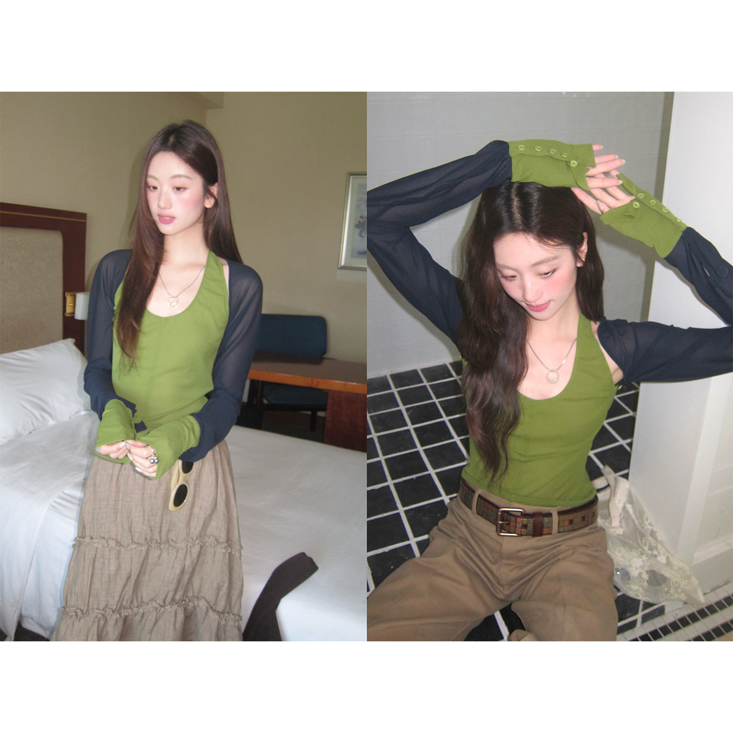 松未韵一撞色挂脖拼接防晒罩衫