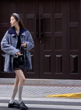 soolrok 松未韵一 韩版蓝色顺毛格羊毛大衣女宽松中长款外套上衣