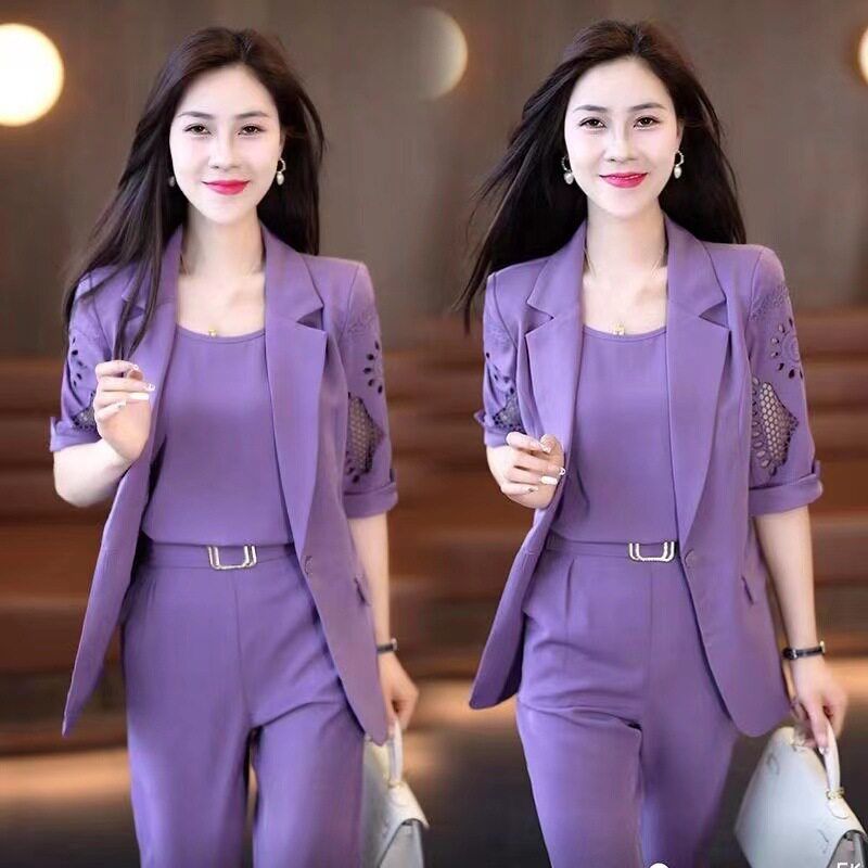职业西装三件套女2025新款时尚夏季显瘦洋气质哈伦裤套装薄