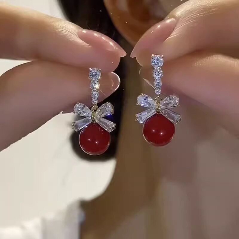 蝴蝶结酒红色珠珠耳扣耳环女新年喜庆红网红百搭耳饰2025新款气质