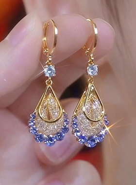 紫色水晶水滴耳扣耳环女2026新款高级感轻奢小众设计气质名媛耳饰