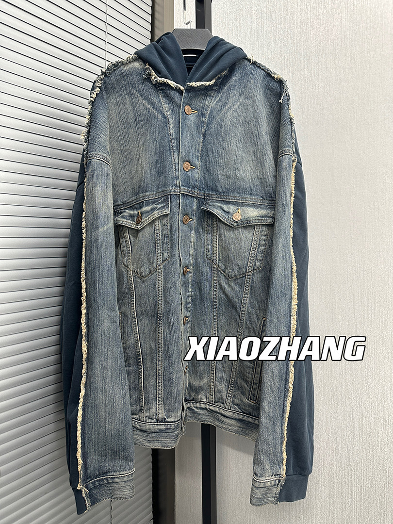 Heavy weight Single Product 23Fw Double-Sided Patchwork Deconstruct Distressed Hooded Denim Outwear