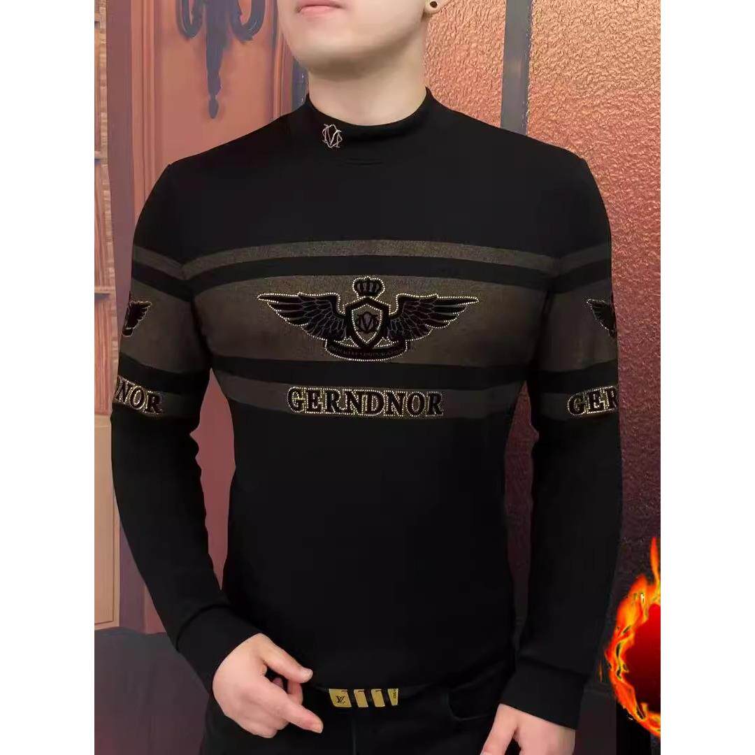 欧洲站加绒加厚卫衣男立领轻奢烫钻刺绣T恤高品质长袖保暖百搭T恤