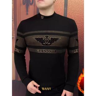 欧洲站加绒加厚卫衣男立领轻奢烫钻刺绣T恤高品质长袖 保暖百搭T恤