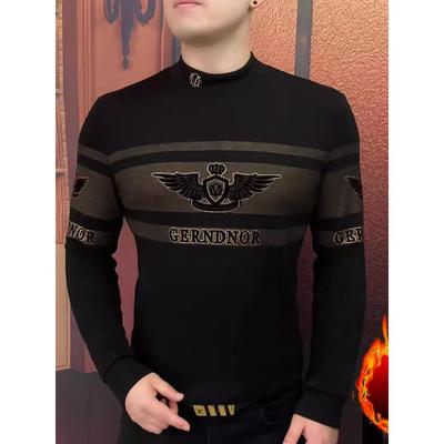 欧洲站加绒加厚卫衣男立领轻奢烫钻刺绣T恤高品质长袖保暖百搭T恤