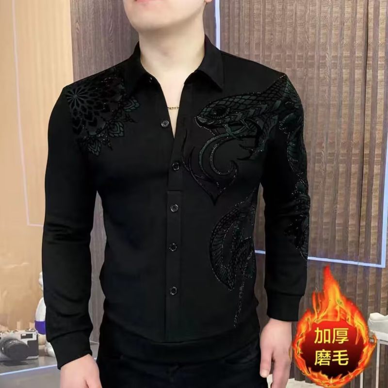 欧版高端衬衫领T恤男秋冬季新款加厚套头衬衣抖音爆款卫衣打底衫