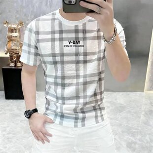 2026夏季 休闲百搭透气舒适男装 薄款 时尚 上衣 圆领格子短袖 轻奢男士