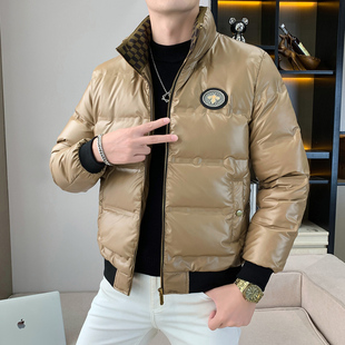 防寒潮男立领小蜜蜂标免洗羽绒服轻奢防水白鸭绒外套男装 冬季 新款
