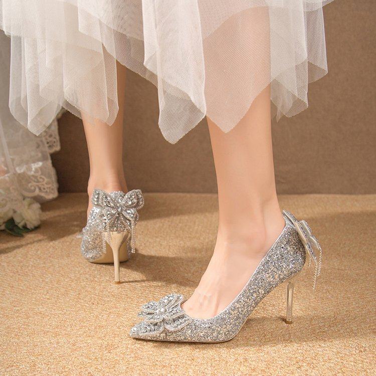 2026新款婚鞋细跟银色亮片蝴蝶结优雅高跟鞋女舒适不累脚红色婚鞋,女鞋,婚鞋,淘宝优惠券,粉丝福利购,淘宝优惠卷
