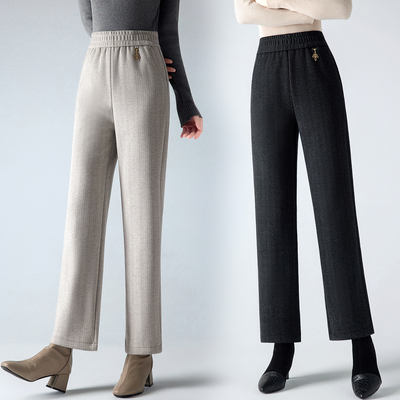 妈妈裤子洋气高腰毛呢直筒裤