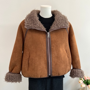 时尚妈妈冬装皮毛一体羊羔毛外套女中老年仿皮草拼接夹克保暖上衣