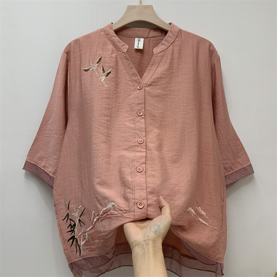 郭贵人妈妈夏装棉麻刺绣衬衣