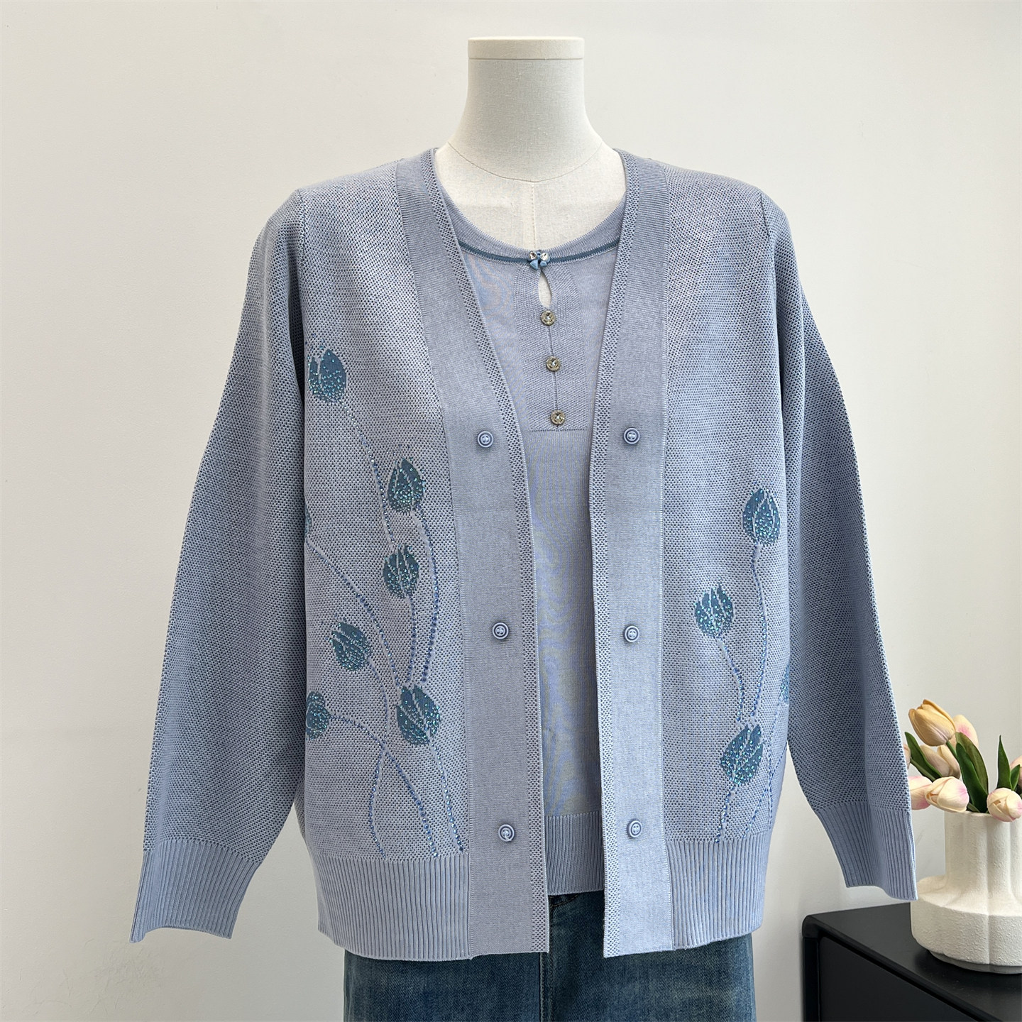 洋气妈妈春装针织开衫套装中老年女装内搭短袖T恤印花上衣两件套