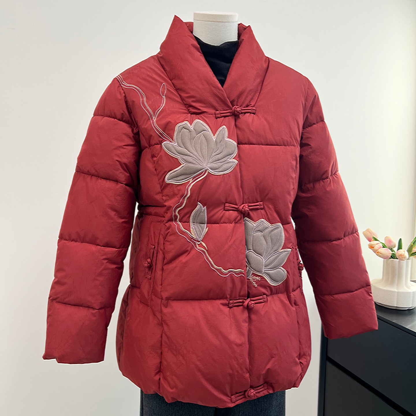 新中式妈妈冬装外套红色加厚棉服