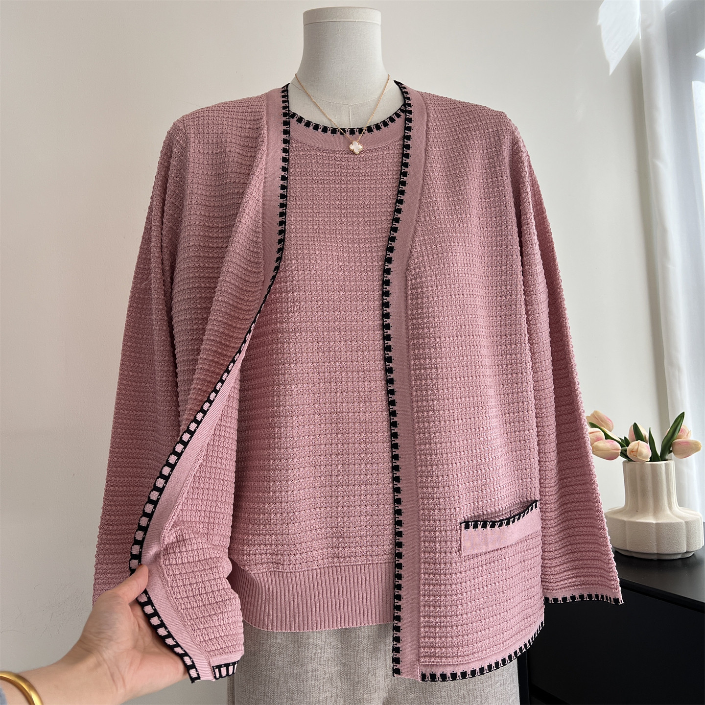 时尚妈妈春装针织两件套上衣中老年女装洋气长袖开衫夏季短袖T恤