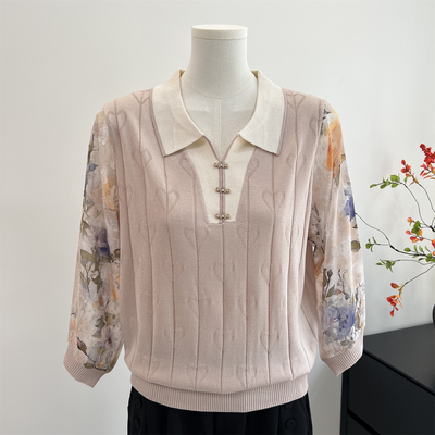 妈妈春秋装薄款纱袖针织小衫洋气