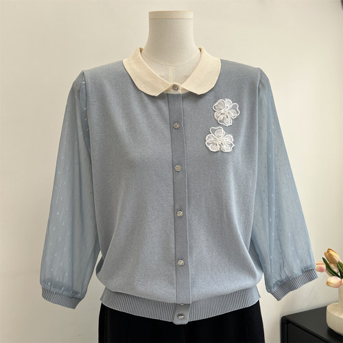 妈妈春装七分纱袖针织小衫上衣