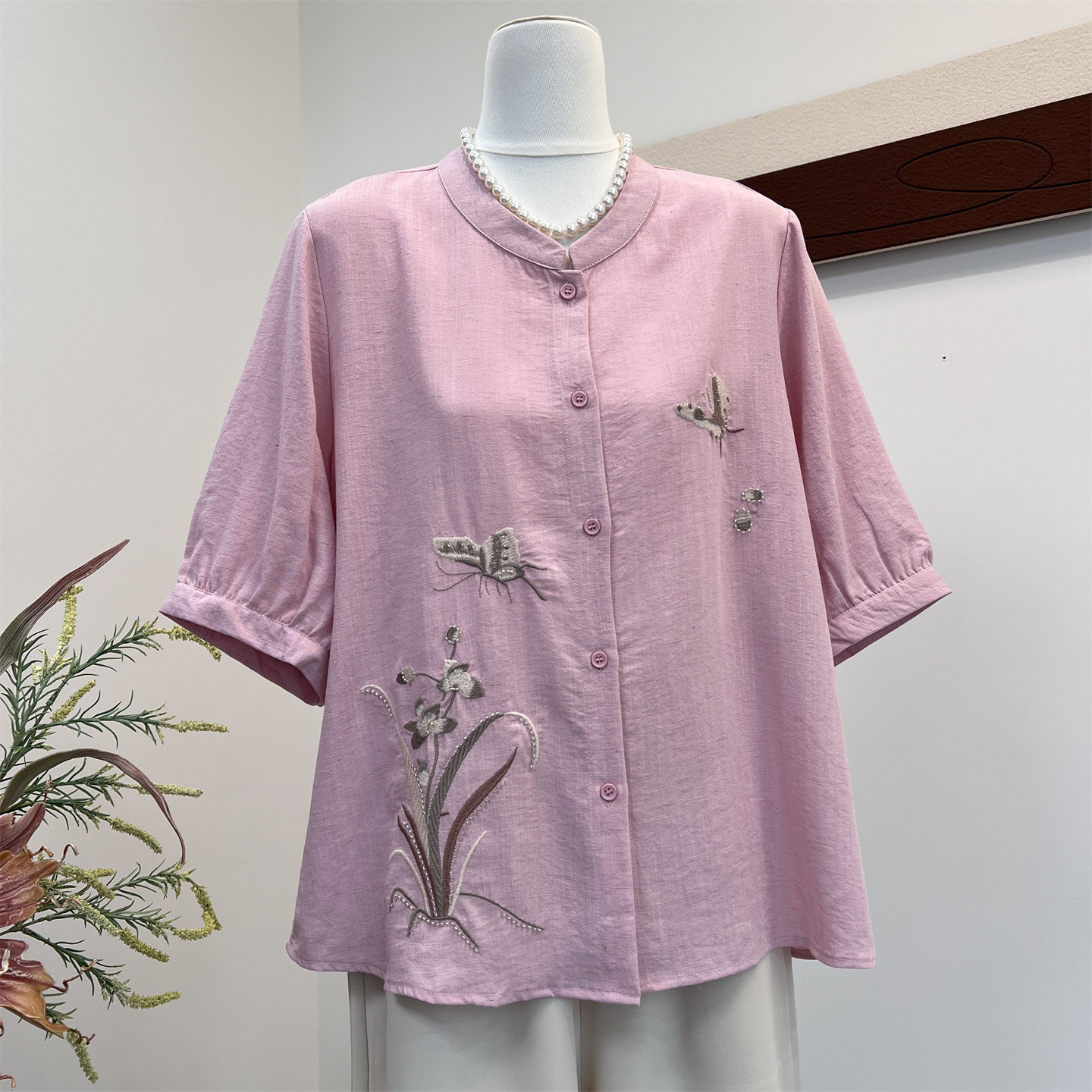 中式国风妈妈夏季刺绣衬衫中老年女装短袖衬衣奶奶宽松亚麻两件套