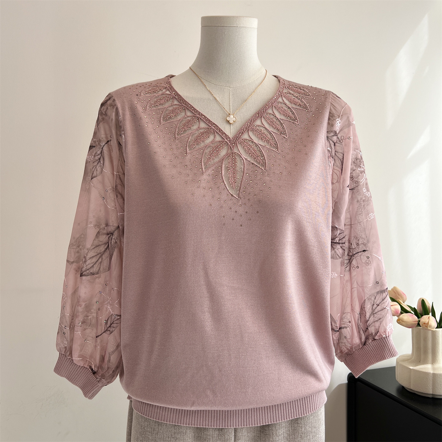 中老年女装妈妈春装纱袖针织衫2026新款春夏季洋气薄款打底上衣服