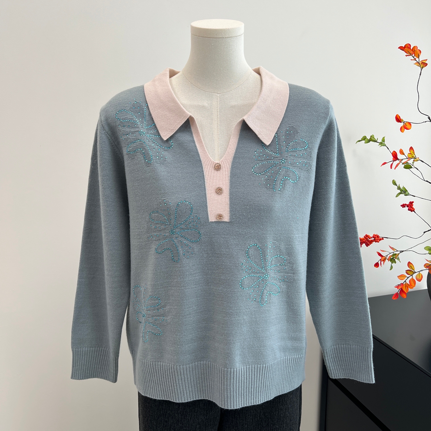 妈妈秋装针织上衣洋气翻领打底衫