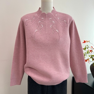 新中式妈妈装冬季一体绒毛衣女中老年上衣奶奶加绒加厚针织打底衫