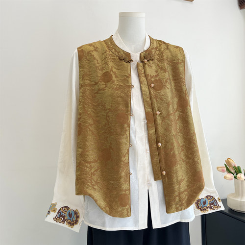 奶奶春装新中式国风马甲背心套装