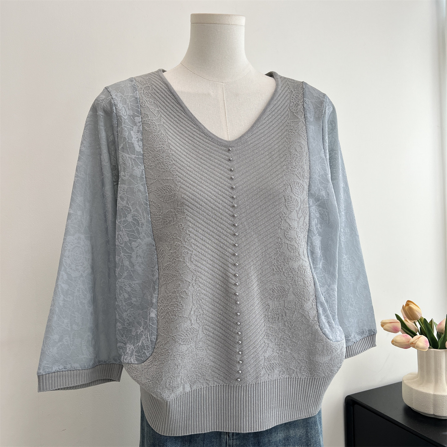 洋气妈妈装纱袖拼接针织小衫春装新款薄款打底上衣洋气中老年女装