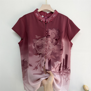 妈妈装夏装中试国风贵夫人旗袍上衣薄中老年女装奶奶雪纺短袖T恤