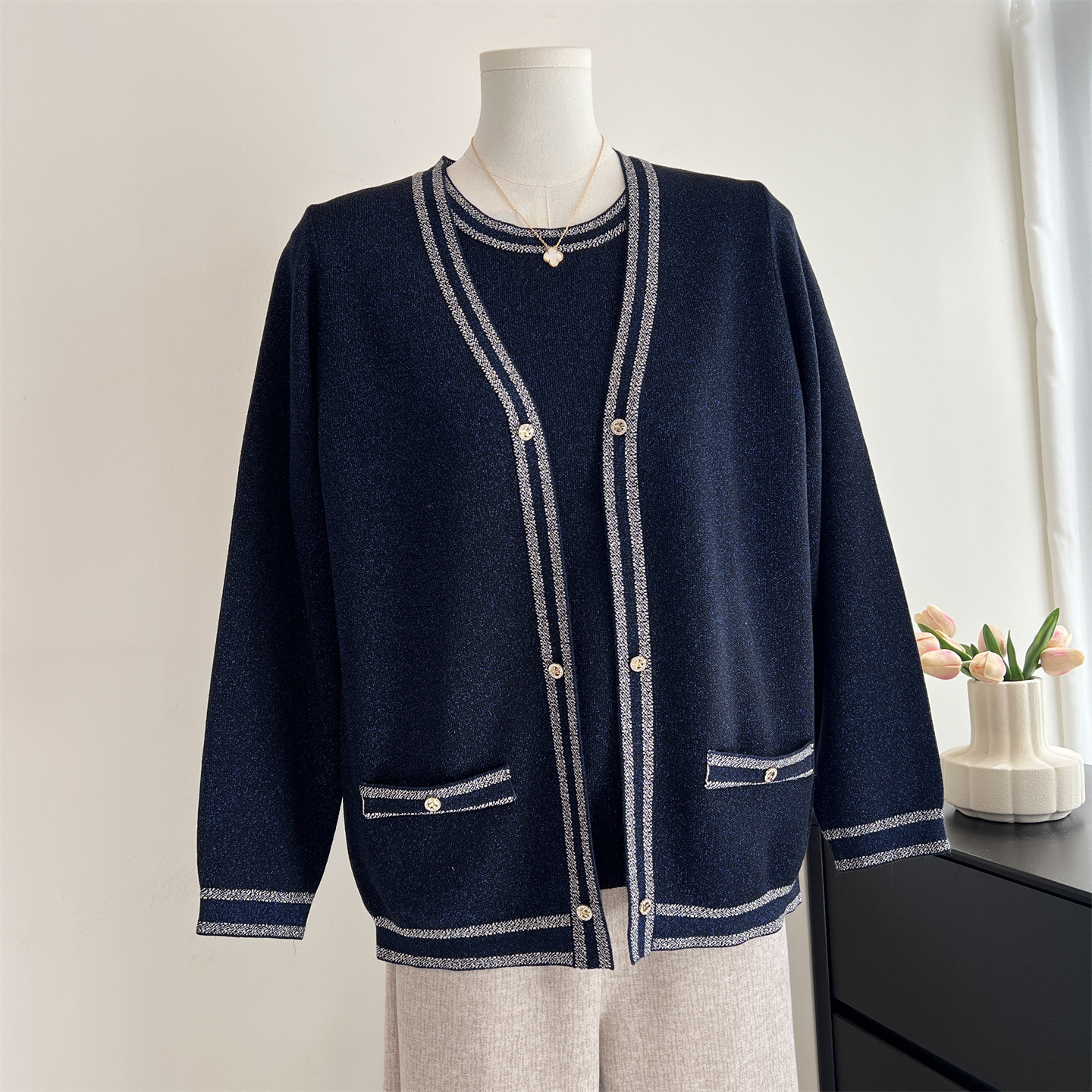 时尚妈妈春装针织套装上衣中老年女装百搭内搭短袖长袖外套两件套