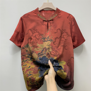 老太太夏装桑蚕丝女短袖T恤老年妈妈装夏天真丝中老年女奶奶上衣