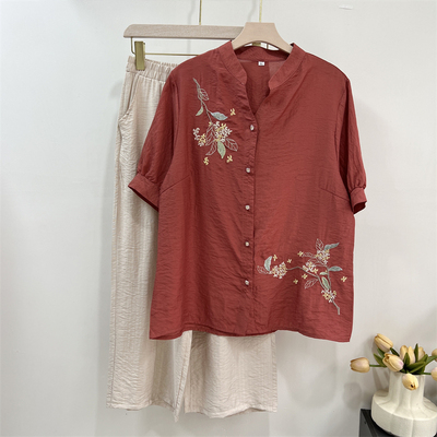 妈妈夏装洋气两件套奶奶刺绣上衣