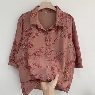 老年人奶奶夏装中袖衬衫妈妈七分袖衬衣老太太夏季印花上衣服老人