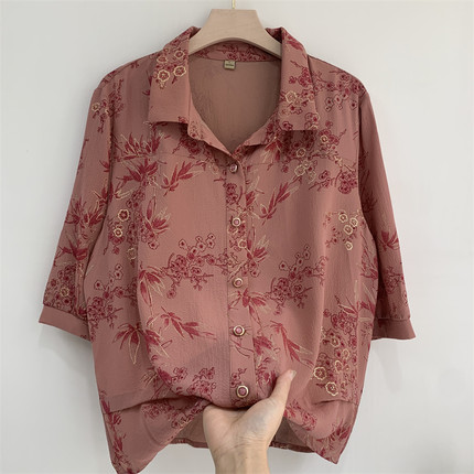 老年人奶奶夏装中袖衬衫妈妈七分袖衬衣老太太夏季印花上衣服老人
