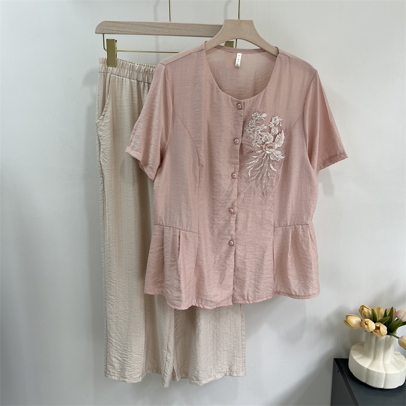 妈妈装套装夏季仿棉麻短袖小衫中老年女奶奶国风上衣服新款两件套