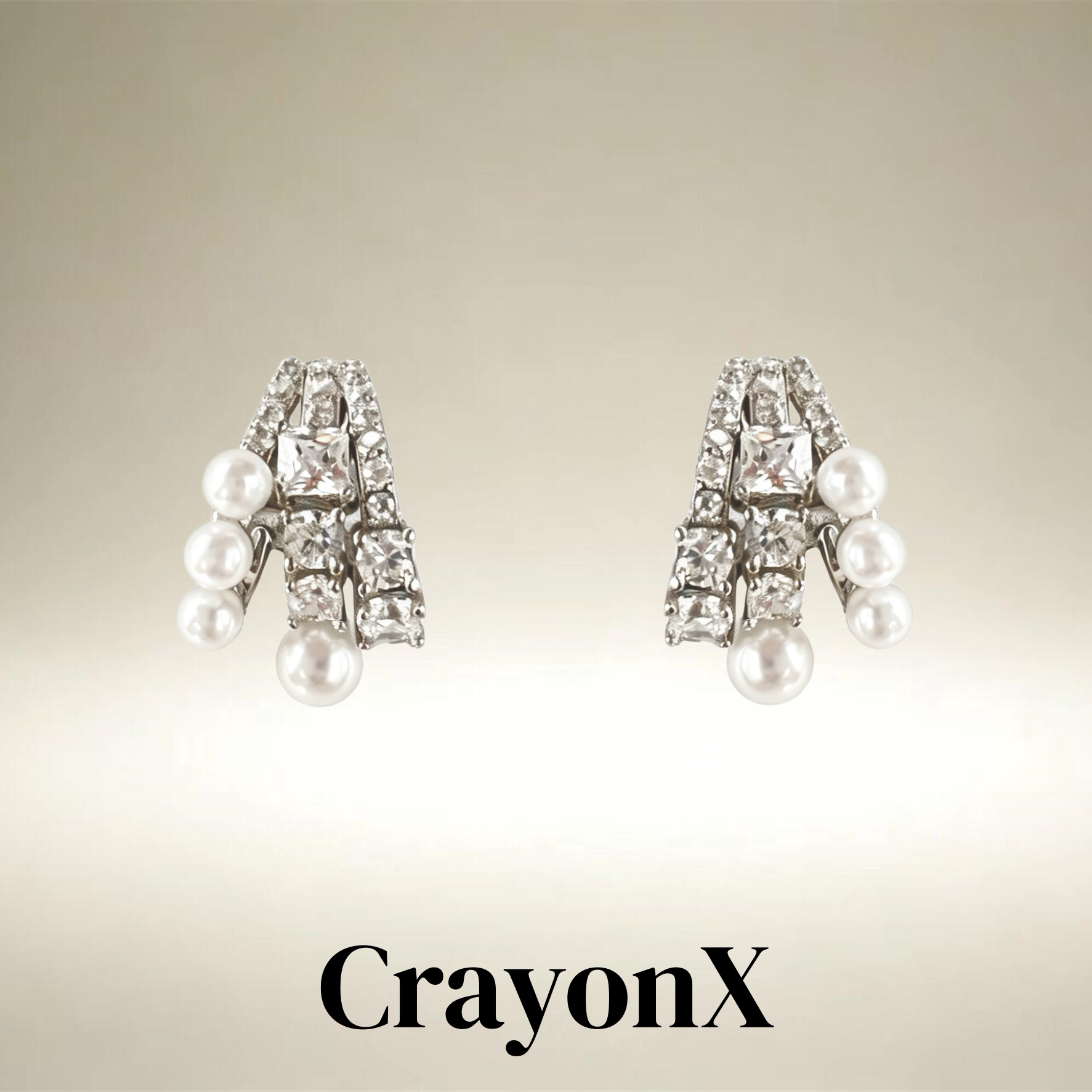 CrayonX方形锆石满镶珍珠耳钉