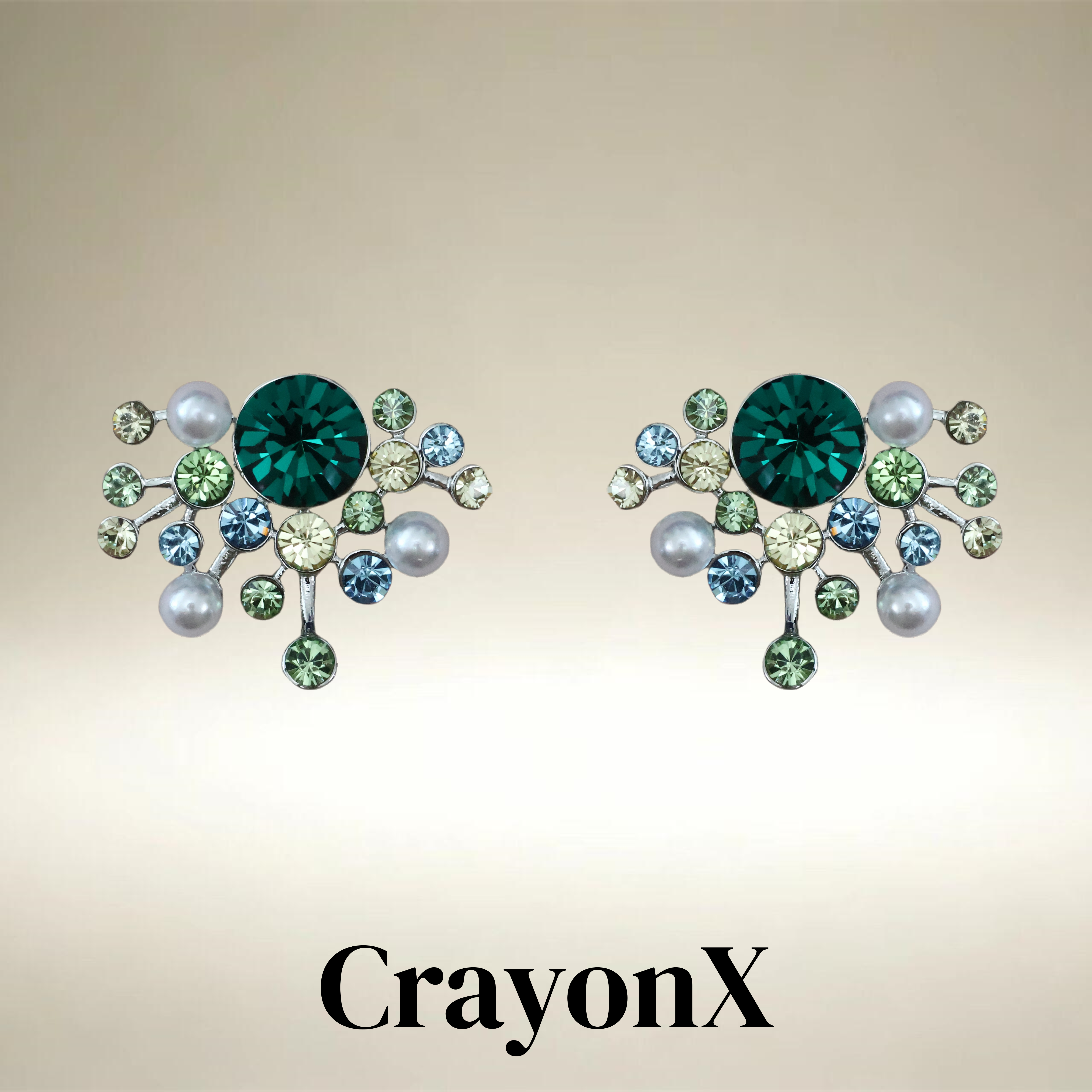 CrayonX 彩宝花簇 祖母绿主石周围散布薄荷绿海蓝宝白钻珍珠耳钉