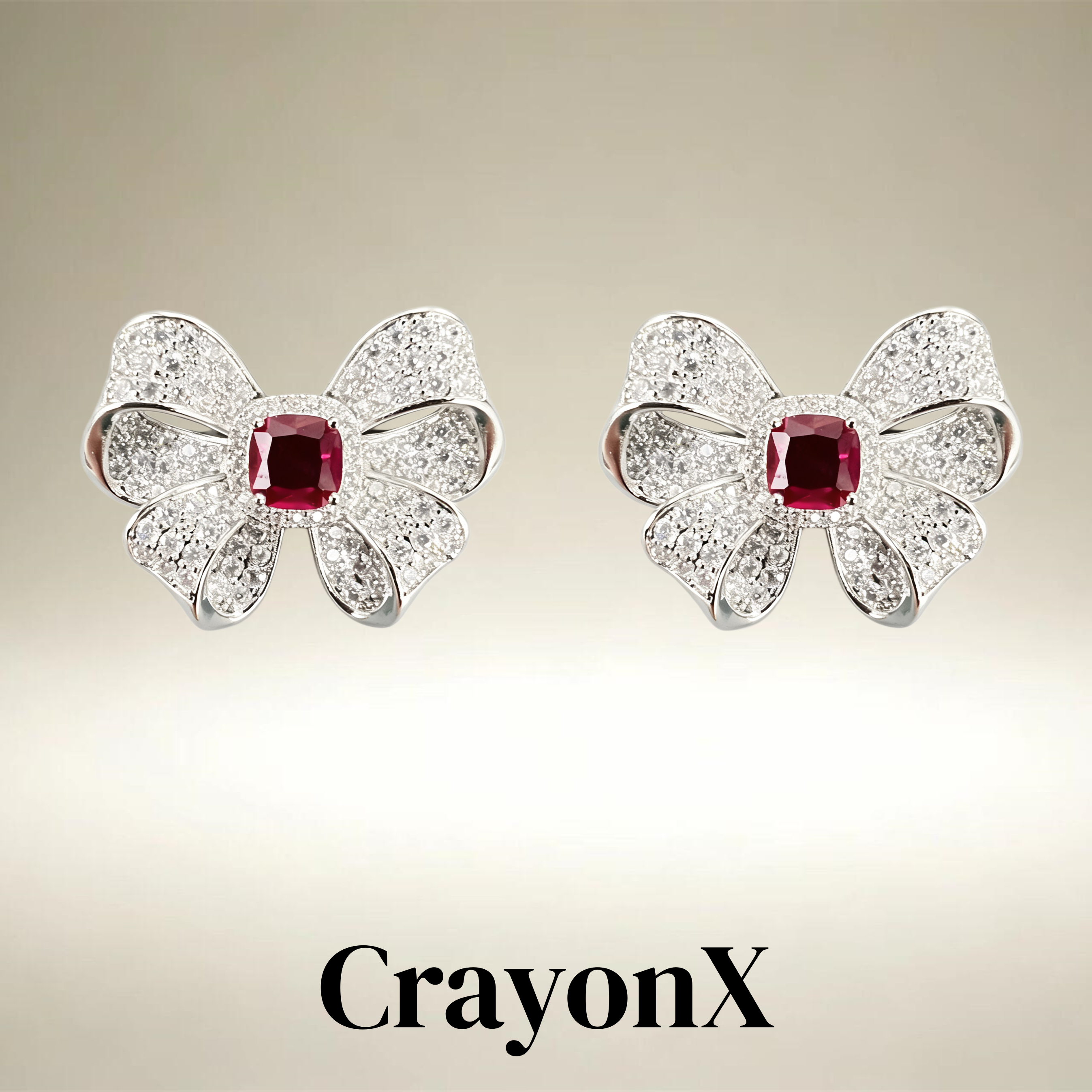 CrayonX玫红蝴蝶结碎钻耳钉