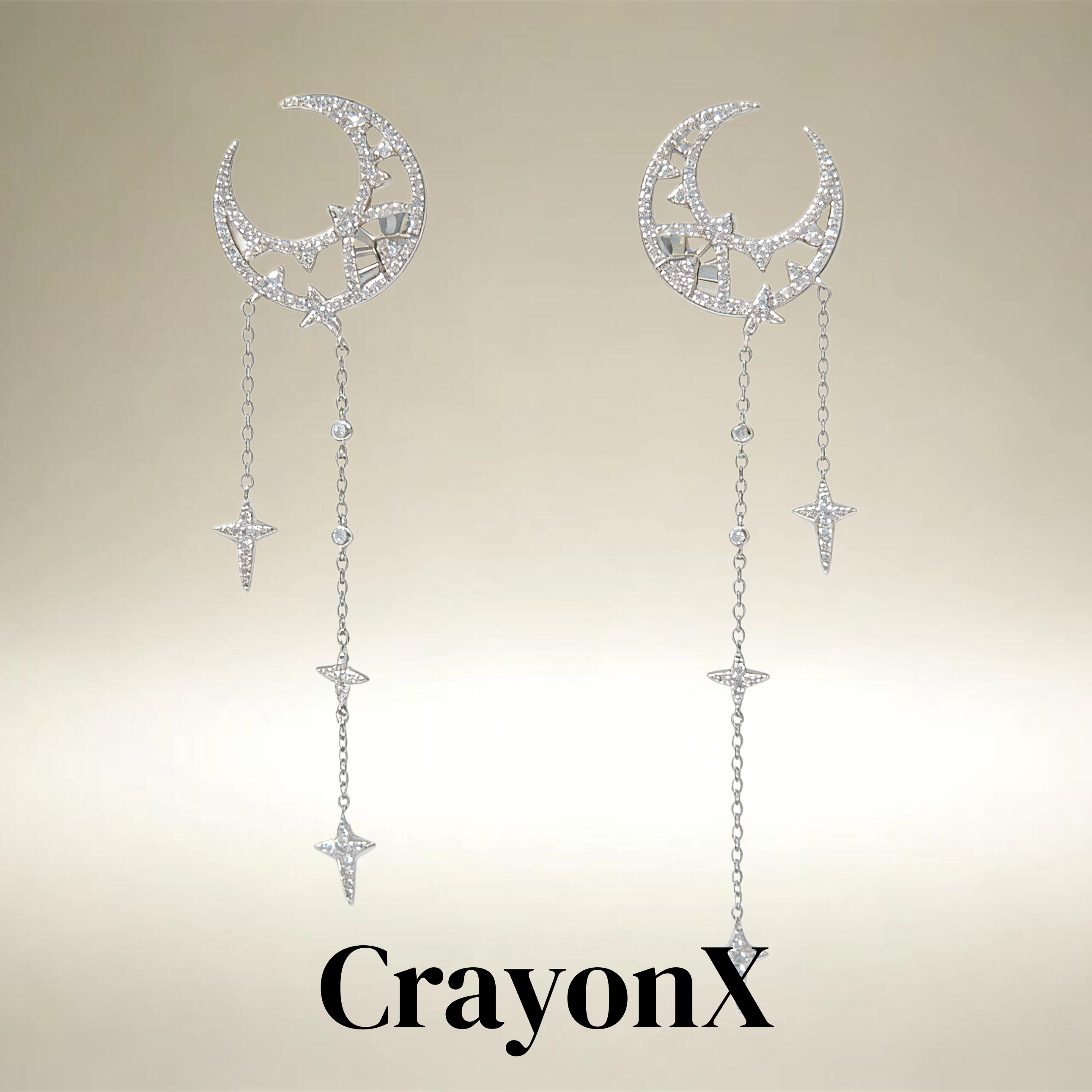 CrayonX月亮星星长款耳链女银色锆石流苏耳环复古轻奢