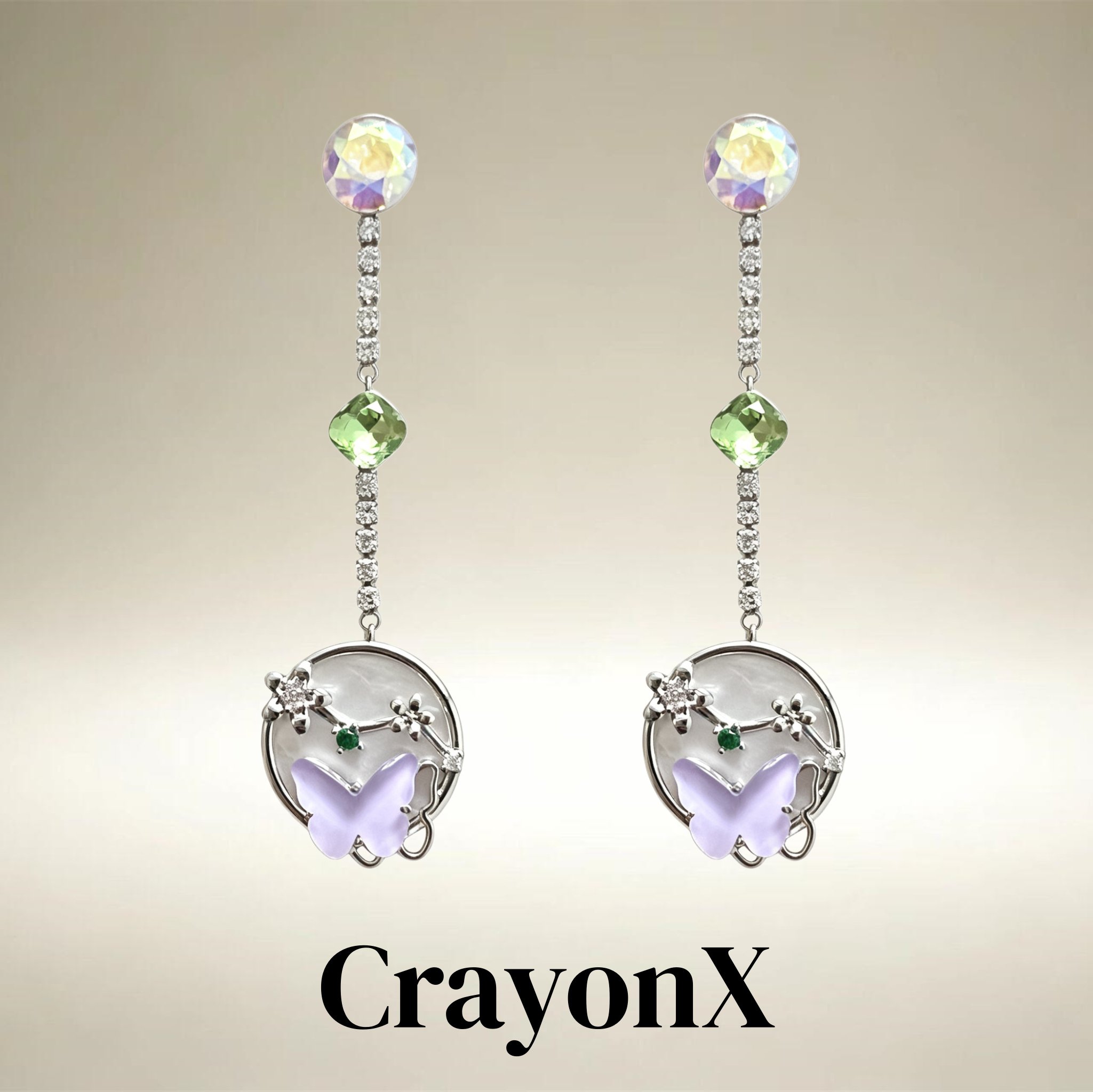 CrayonX轻奢紫蝶花枝圆牌耳坠