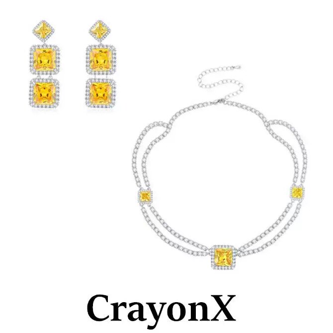 CrayonX黄色方糖 水晶项链套装女士双层金属链条金色饰面经典百搭