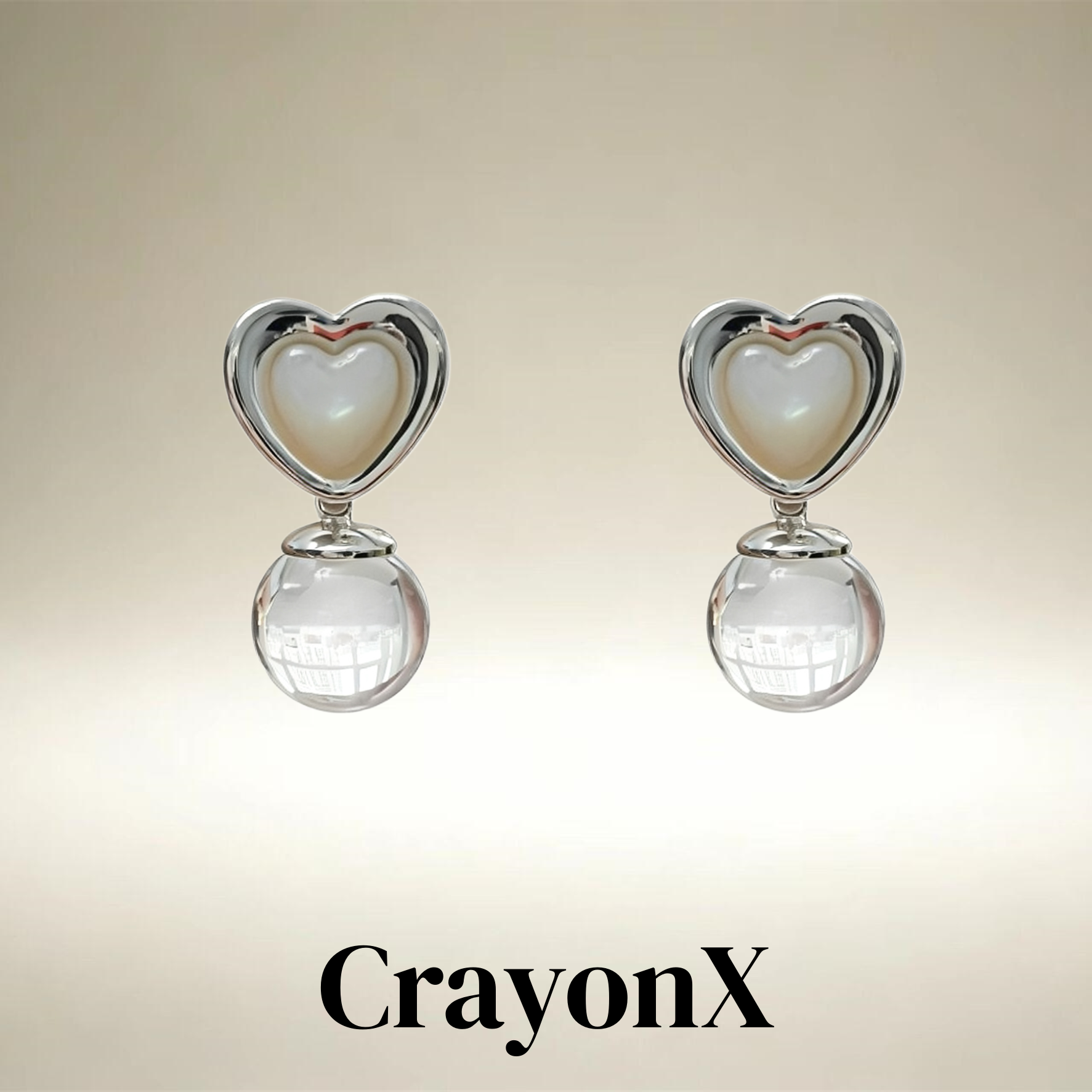 CrayonX 心匣悬珠 爱心贝母透明圆珠双层耳钉女通勤温柔百搭款