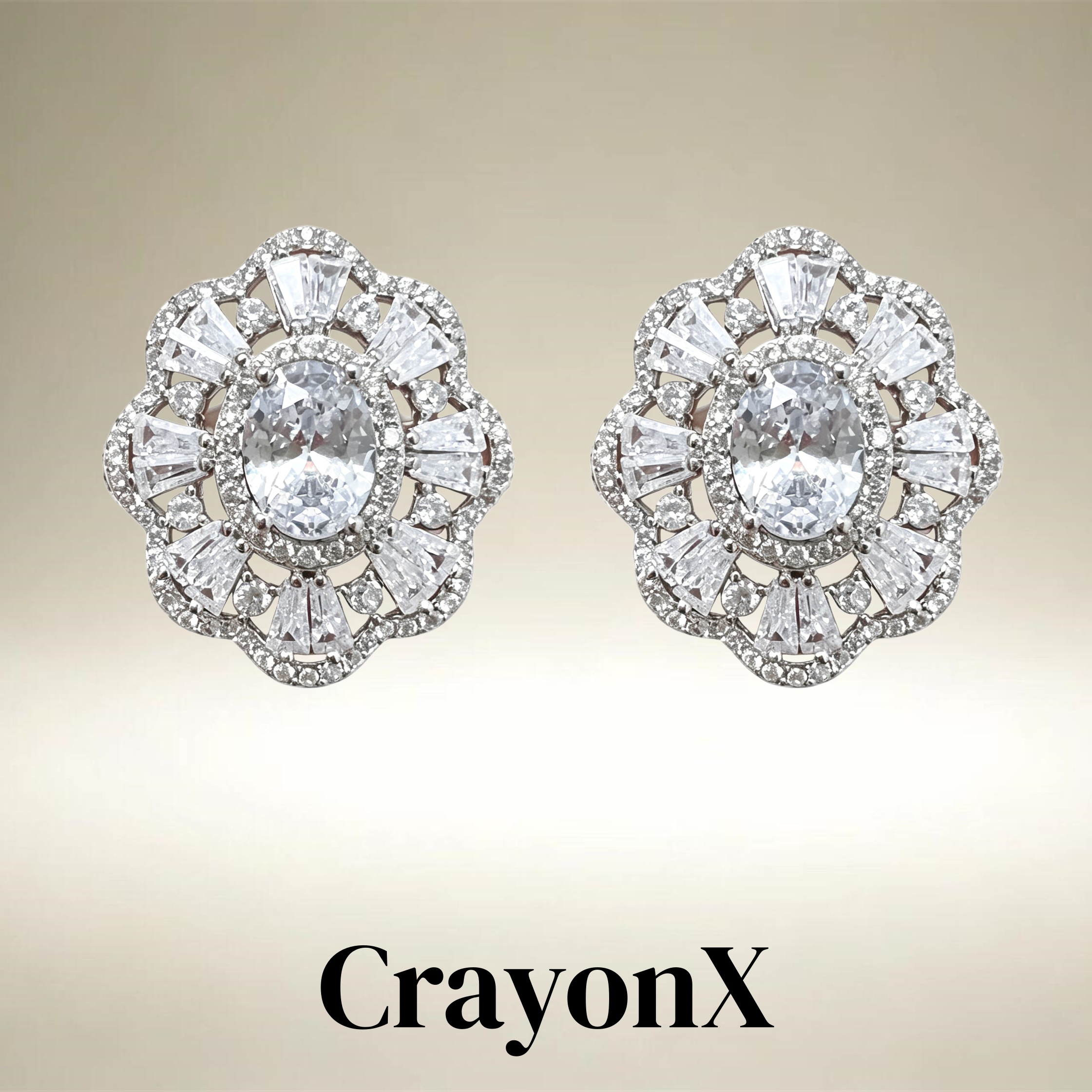 CrayonX 晶瓣围芯 花朵造型椭圆主石围镶碎钻外圈梯方钻满钻耳钉