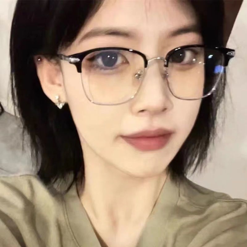 韩系半框近视眼镜女斯文复古理工男眼镜平光镜可配有度数眼镜框架