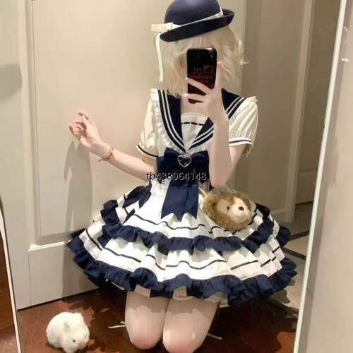 可爱夏日海军风绀色水蓝色青春元气少女JK蛋糕裙lolita裙子