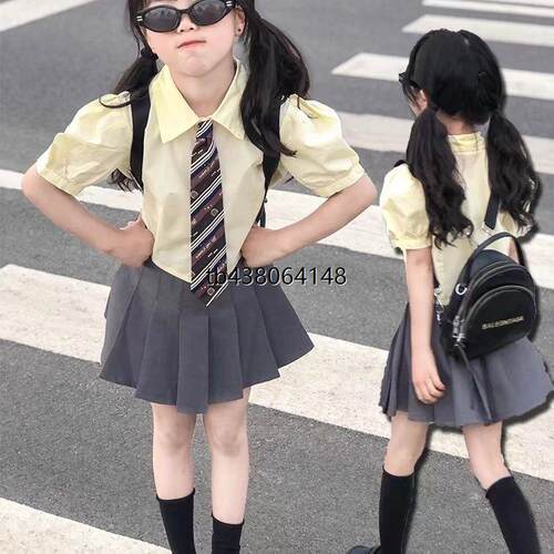 纯棉女童夏季套装2025新款时髦洋气jk制服学院风百褶短裙领带女宝